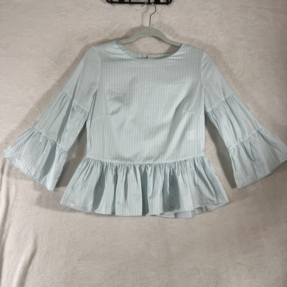Tyler Boe Women's Blue White Striped Ruffle Tiered 3/4 Sleeve Peplum Top - XS